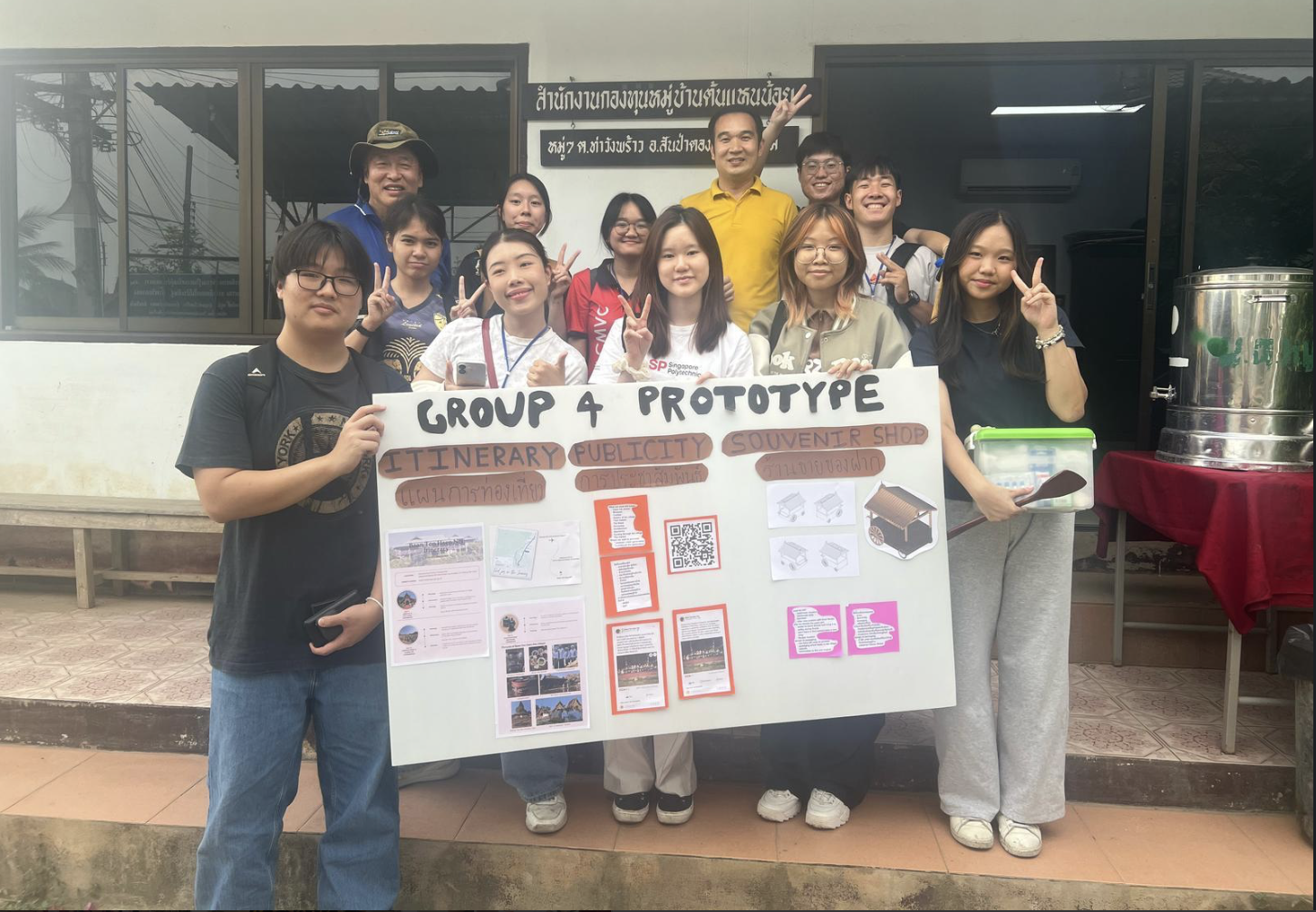 Group photo including the village mayor showcasing our ideas